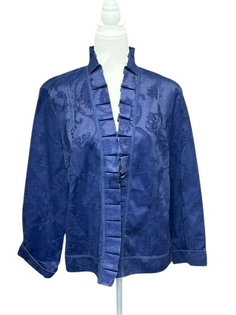 Chicos Subtle Jacquard Rory Ruffled Jacket Blue